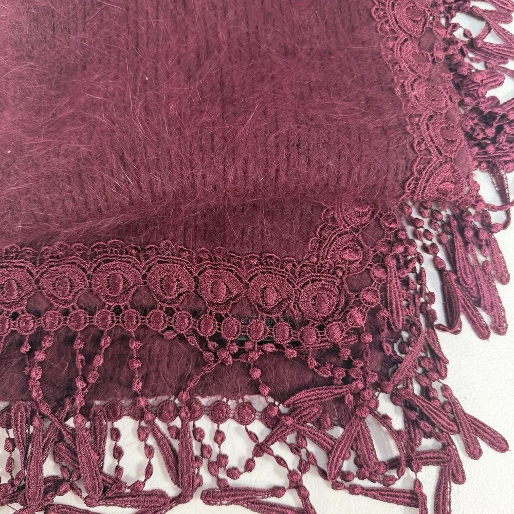 Vintage Venesha Angora Scarf Wrap Fringe Fuzzy Soft Burgundy Maroon Quiet Luxury